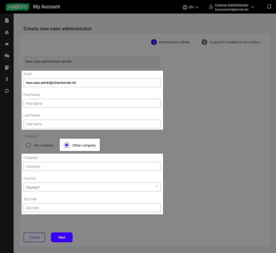 "Create new case administrator" form showing fields for email, first name, last name, and company details. "Other company" is selected, requiring additional company information.
