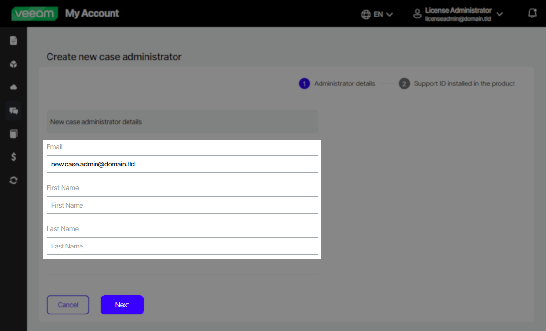  "Create new case administrator" form with fields for email, first name, and last name, with "My company" selected, requiring only basic details.