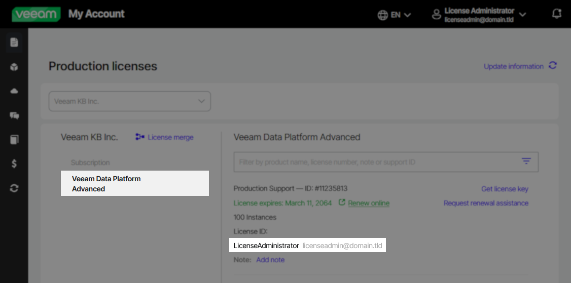 Veeam "Production licenses" page showing details for "Veeam Data Platform Advanced." The current license administrator's email (licenseadmin@domain.tld) is displayed.