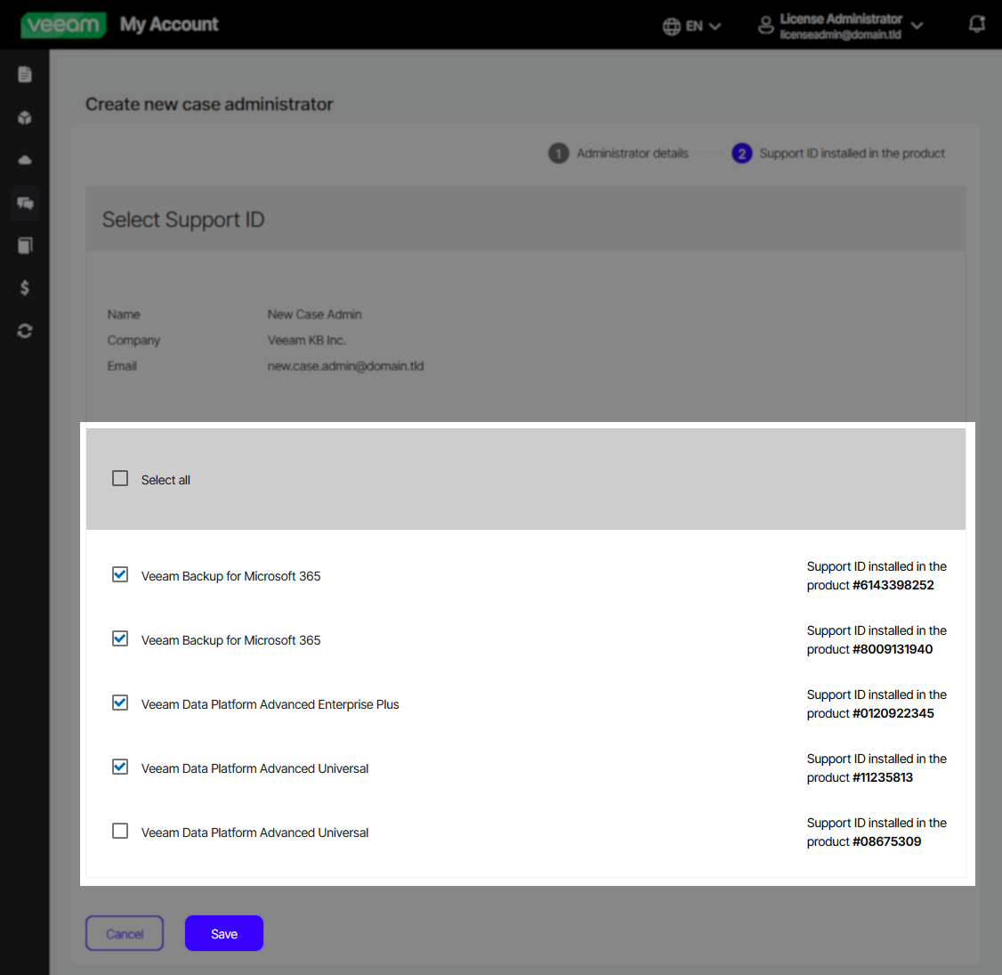 "Create new case administrator" page with a section to select one or more Support IDs for which the new administrator will have access, with checkboxes next to each product.