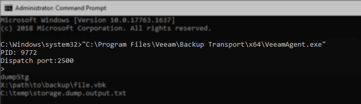 Command Prompt window with VeeamAgent.exe started by its full path, displaying the PID and dispatch port
