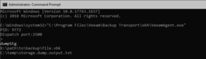 Command Prompt window with the dumpStg command entered at the VeeamAgent prompt
