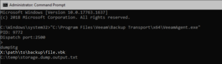 Command Prompt window with the full path to the backup file (.vbk) entered on the line after dumpStg
