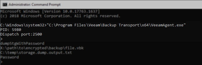 Command Prompt window with VeeamAgent.exe started by its full path, displaying the PID and dispatch port