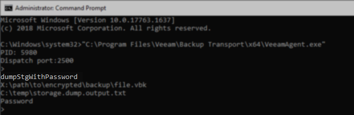 Command Prompt window with the dumpStgWithPassword command entered at the VeeamAgent prompt