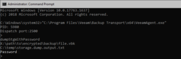 Command Prompt window with the Password prompt displayed after the backup file and output file paths were entered