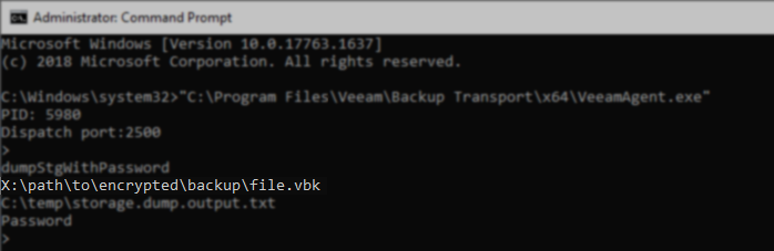 Command Prompt window with the full path to the encrypted backup file (.vbk) entered on the line after dumpStgWithPassword