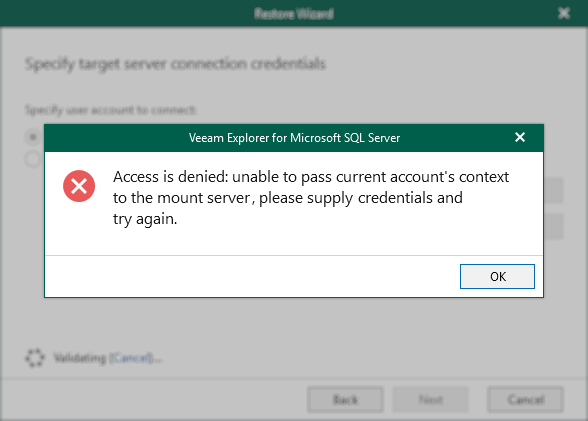 Access is denied: unable to pass current account's context to the mount server 192.168.1.131, please supply credentials and try again.
