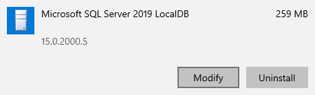Screenshot of Microsoft SQL Server LocalDB entry within installed applications list with the Modify button highlighted.