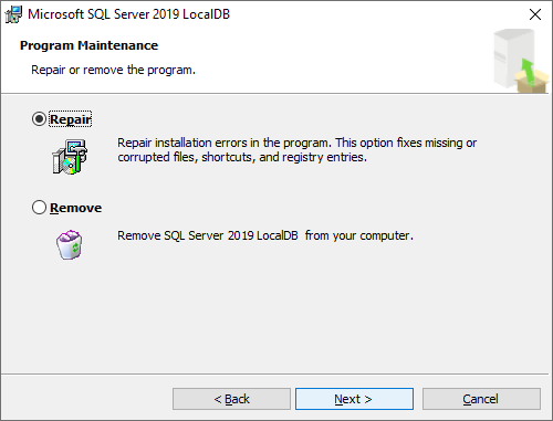 Screenshot of the Microsoft SQL Server 2019 LocalDB installer showing the Repari and Remove options with the Repair option selected.