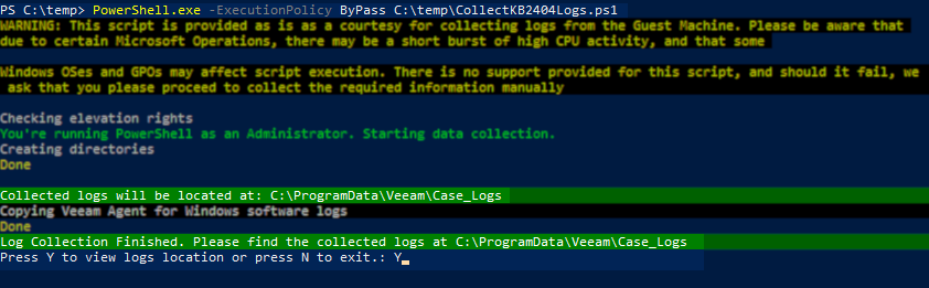 The screenshots the PowerShell script excuting including a warning about the script being provided as courtesy and goes on to say "Starting data collection."