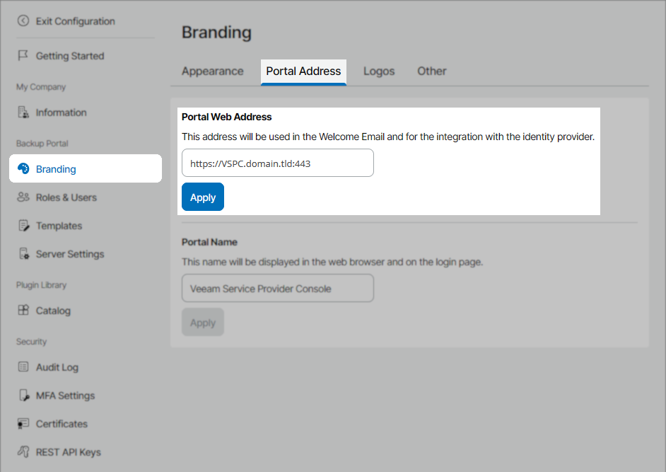 The "Branding" section of a web portal configuration interface is open to the "Portal Address" tab. The "Portal Web Address" field shows "https://VSPC.domain.tld:443" with an "Apply" button below. The left sidebar includes options for portal settings and security.