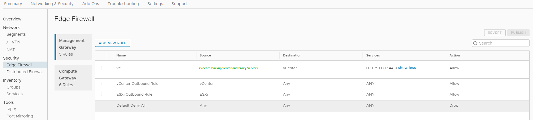 firewall settings for management network