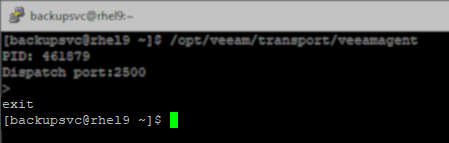 Demonstrating passing exit command to the veeam agent