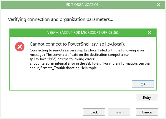 Veeam Backup for Microsoft 365 error dialog showing SSL library error when adding an on-premises SharePoint organization