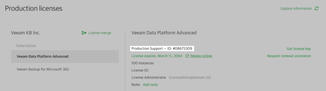 screenshot of production license page with support ID highlighted