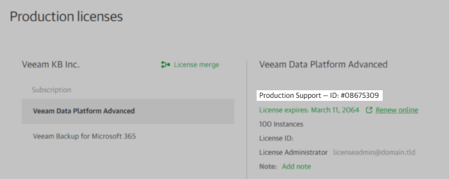 screenshot of production license page with support ID highlighted
