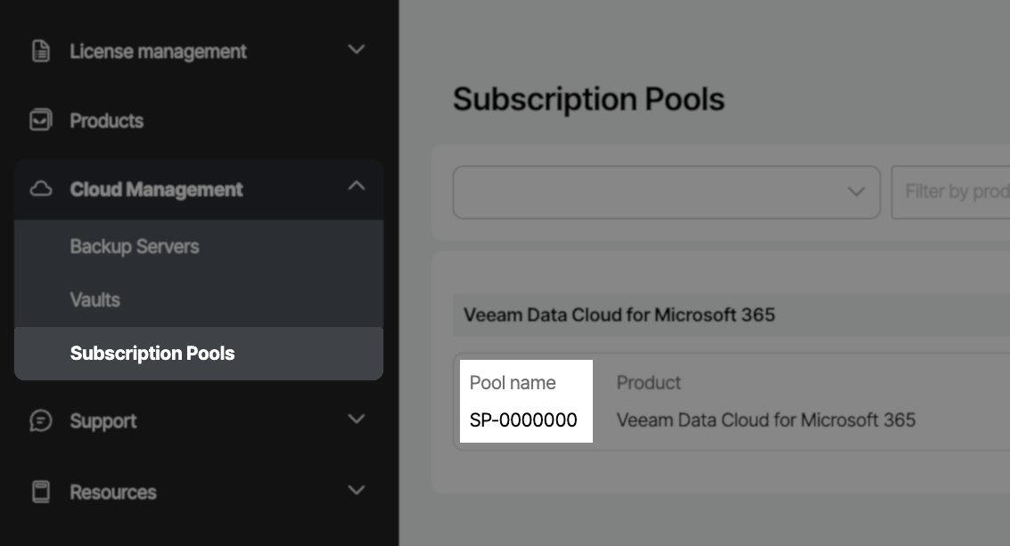 My Portal section Subscription Pools under Cloud Management showing an example Pool Name