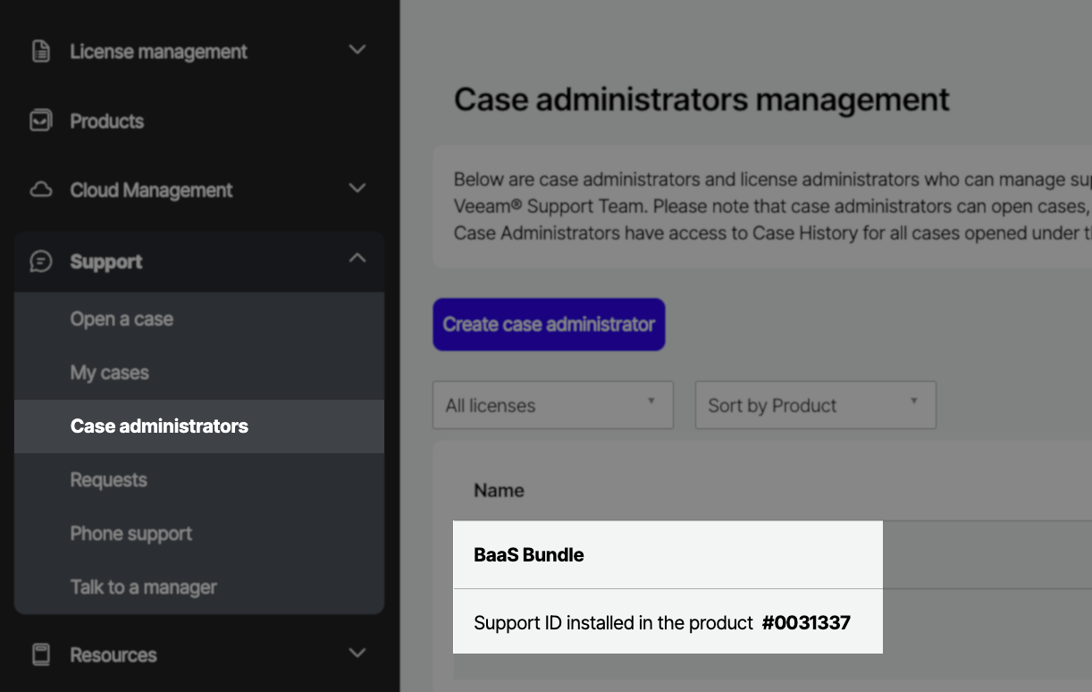 Example of Case Administrators control panel with "BaaS Bundle" visible in product list with a Support ID