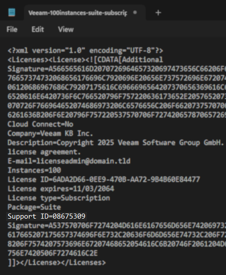 screenshot of a veeam license file open in notepad with the Support ID highlighted