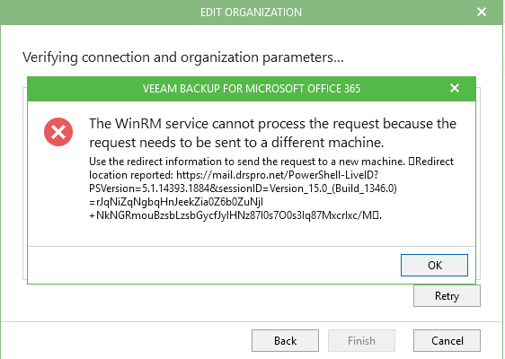 Example of error in Veeam Backup for Microsoft 365 UI
