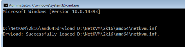 Screensht of command prompt executing the command "drvload D:\NetKVM\2k16\amd64\netkvm.inf"