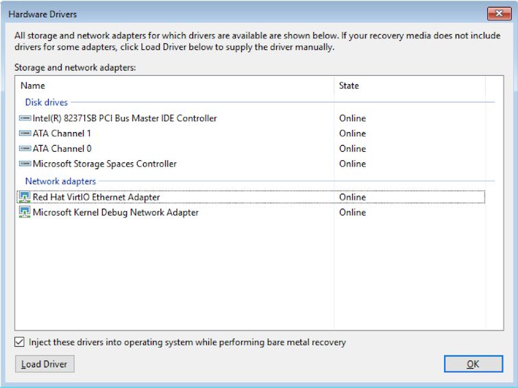 Screenshot of Hardware Drivers dialog showing all disk and network adapters and Online.