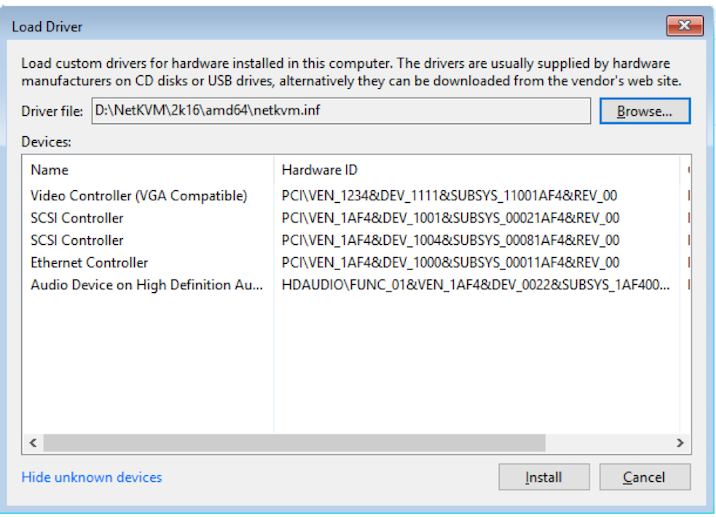 A screenshot of the load drivers dialog box showing the different drivers and hardware IDs.