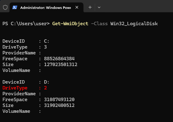 Screenshot shows two drives, the second one has DriveType : 2 highlighted.