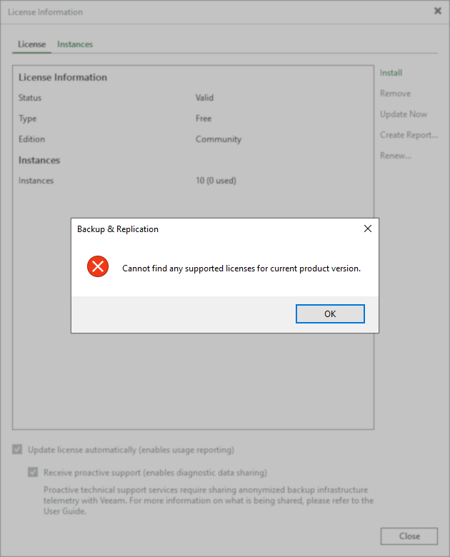 The "License Information" window in Veeam Backup & Replication shows an error dialog is displayed in the foreground with a red X icon and the message: "Cannot find any supported licenses for current product version." There is an "OK" button at the bottom of the dialog.