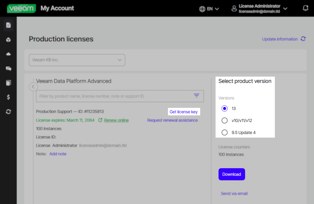  This is AI-generated content. You acknowledge that any output generated may not be accurate or complete. You must thoroughly review it before using in any way. Alt-text: The "Production licenses" page in the Veeam customer portal displays license details for "Veeam Data Platform Advanced," including support ID, expiration date, and number of instances. On the right, the "Select product version" panel offers radio button choices for license versions: 13 (selected), v10/v11/v12, and 9.5 Update 4. A purple "Download" button is below the version selection.