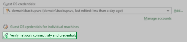 The credentials section of a Veeam interface shows a selected account for Guest OS credentials. Below it, the "Verify network connectivity and credentials" button is highlighted.