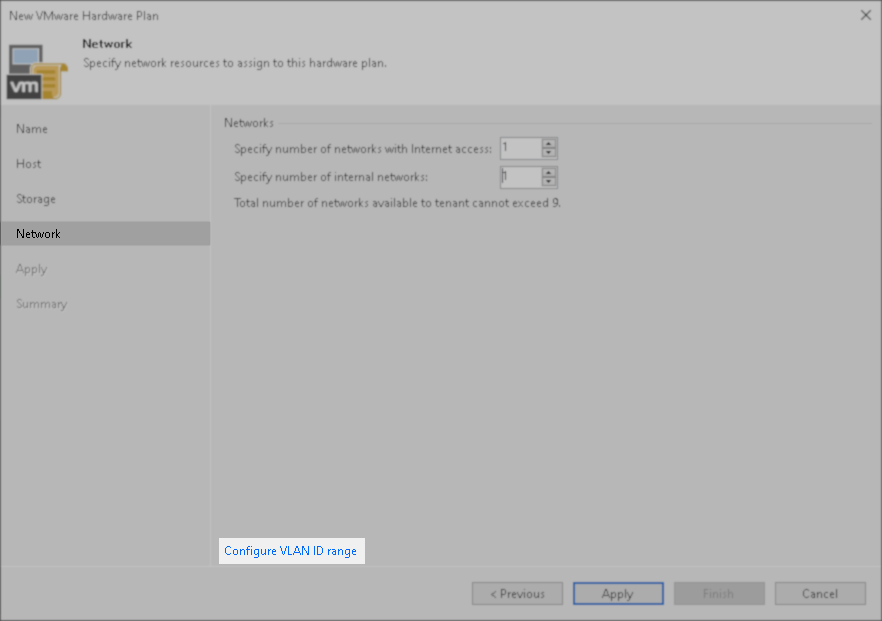 Network configuration step in the New VMware Hardware Plan wizard, showing fields for specifying the number of networks and a link to configure VLAN ID range.