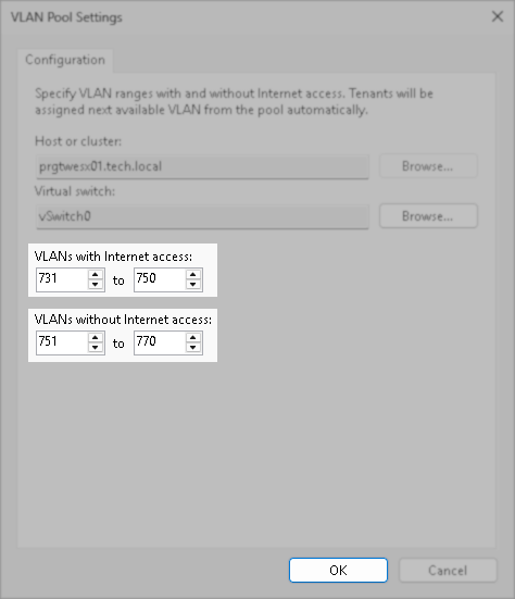 VLAN Pool Settings window for specifying ranges of VLANs with and without Internet access, showing input fields for VLAN numbers and selections for host and virtual switch.