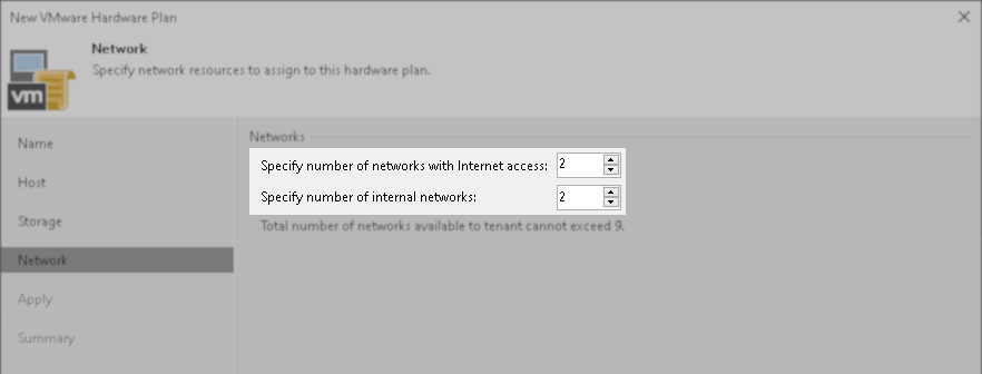 Network configuration step in the New VMware Hardware Plan wizard, showing fields to specify two networks with internet access and two internal networks.