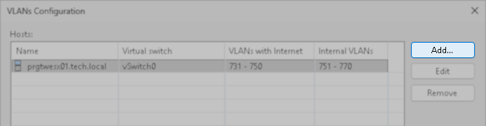 VLANs Configuration window showing a host with associated virtual switch and VLAN ranges, with the Add button highlighted to allow adding new VLAN configurations.