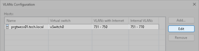 VLANs Configuration window displaying a host with its associated virtual switch, VLAN ranges for internet access, internal VLANs, and an Edit button to modify settings.