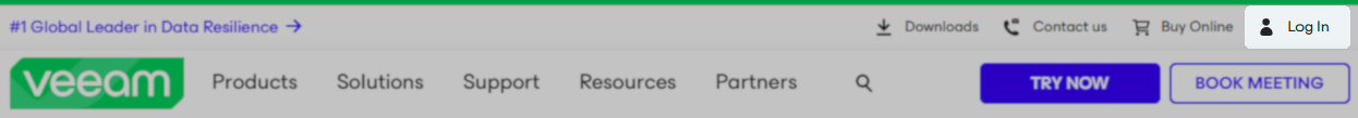 Veeam website header showing navigation links. A "Log In" button with a user icon is highlighted in the upper right corner.