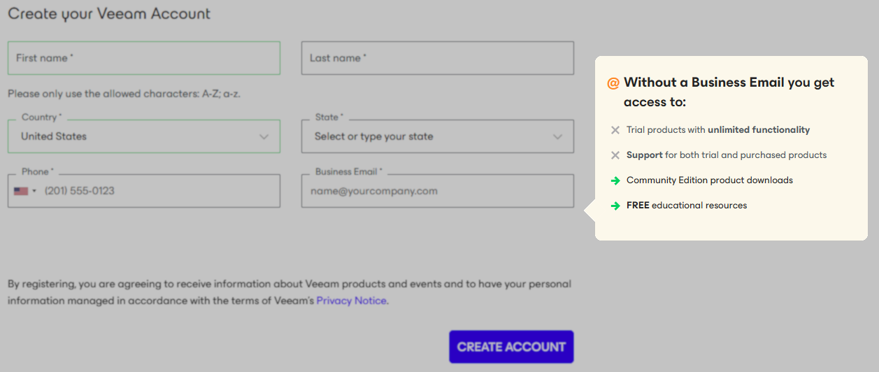 Screenshot of create account form example of the message that appears when using a free email address to register and account. Specifically showing that the UI warns that using a non-business emails means access to paid product support will not be provided.