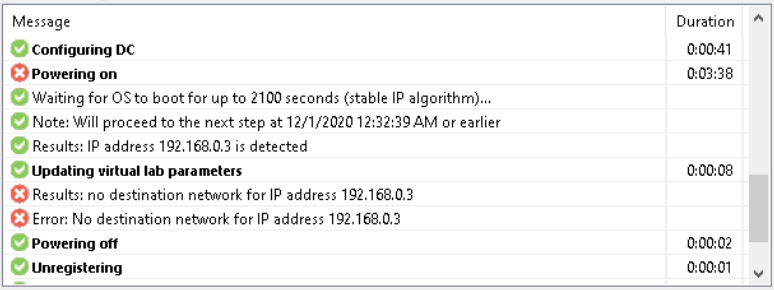 Screenshot showing the inidivdual tasks for the selected VM, including the error discussed.