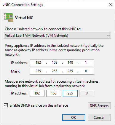 Screenshot of Virtual NIC configuration used to recreate the error: "no destination network for IP address"