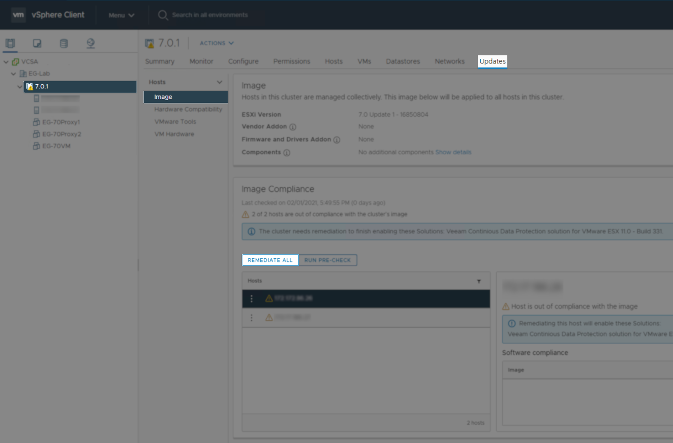 The vSphere Client interface shows the "Updates" tab for a cluster running version 7.0.1. The "Image Compliance" section indicates that 2 hosts are out of compliance with the cluster's image. A warning message states that remediation is needed to enable Veeam Continuous Data Protection for VMware ESX 11.0. The "REMEDIATE ALL" button is highlighted.