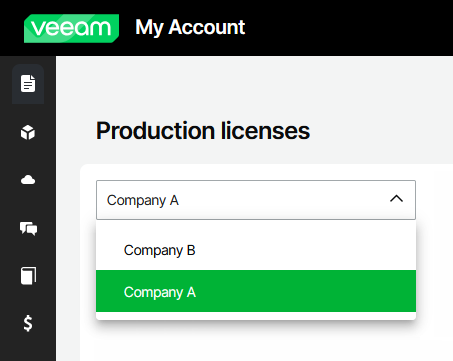 Veeam "My Account" Production licenses screen displaying a company switcher dropdown with two selectable options: "Company A" and "Company B." "Company A" is currently selected and highlighted in green.