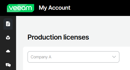Veeam "My Account" Production licenses screen displaying a company switcher dropdown. The dropdown is greyed out with "Company A" shown, indicating no other options are available.