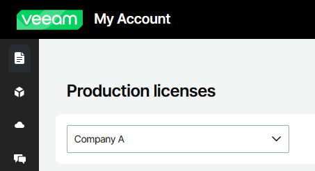 Veeam "My Account" Production licenses screen displaying a company switcher dropdown. "Company A" is shown as the selected option, and the dropdown is not greyed out, indicating it can be interacted with.