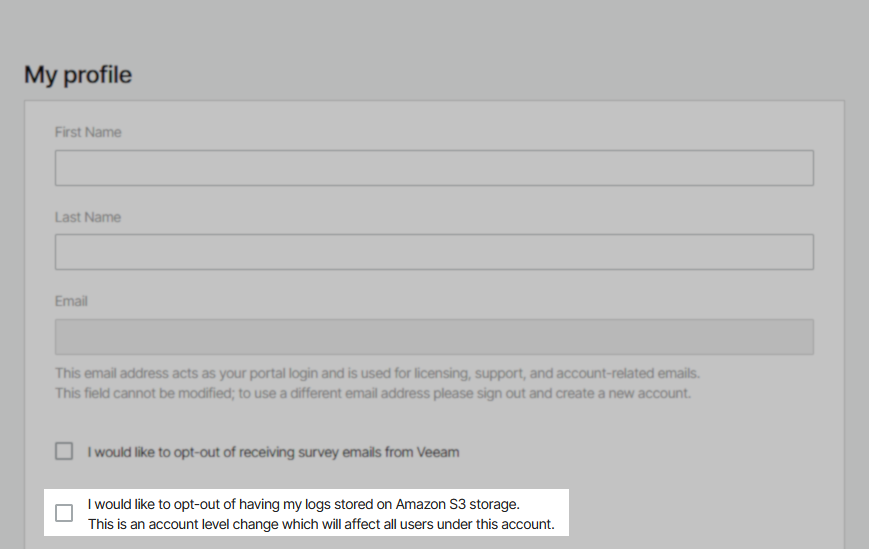 Veeam "My profile" page showing user details and preferences. At the bottom, an unchecked box is labeled "I would like to opt-out of having my logs stored on Amazon S3 storage. This is an account level change which will affect all users under this account."