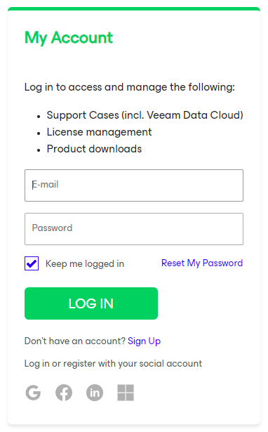 Veeam "My Account" login screen with fields for email and password, a "LOG IN" button, and options for password reset. Below, there is a link to "Sign Up" for new users and icons for logging in or registering with Google, Facebook, LinkedIn, or Microsoft accounts.