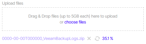 Veeam file upload interface for support cases, showing an upload in progress. The file "0000-00-00T000000_VeeamBackupLogs.zip" is displayed below the upload area with a progress indicator showing 35.1%. Options to cancel or retry the upload are also visible.