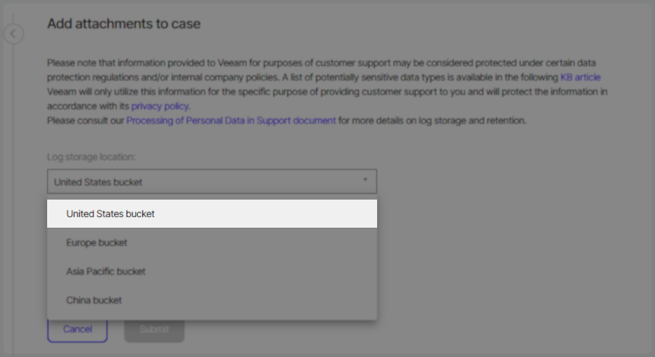 Veeam "Add attachments to case" page showing a dropdown menu for selecting log storage location. Options include "United States bucket" (highlighted), "Europe bucket," "Asia Pacific bucket," and "China bucket." Information about data protection and privacy is displayed above the dropdown.