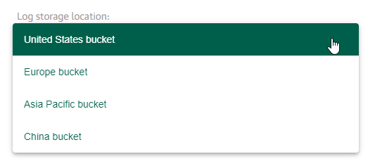 Screenshot showing Log storage location options, displayed are United States, Europe, Asia Pacific, and China buckets.